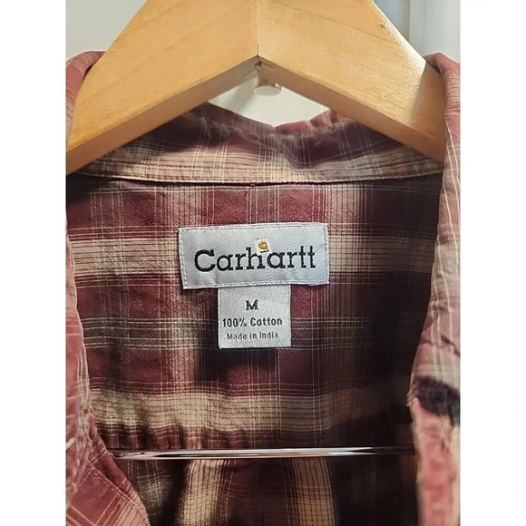 Vtg Carhartt Long Sleeve Maroon Tan Plaid Button Down 100% Cotton Men's Sz M - Picture 2 of 9